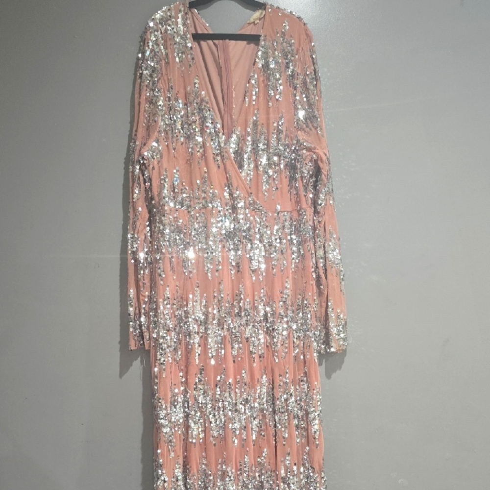 Peach Sequin Wrap-Front Evening Dress